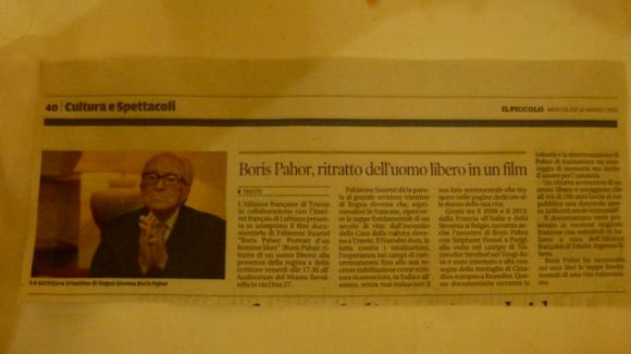 L'article annonçant la projection de "Boris Pahor portrait d'un homme libre" dans le quotien de Trieste "Le Picolo"
