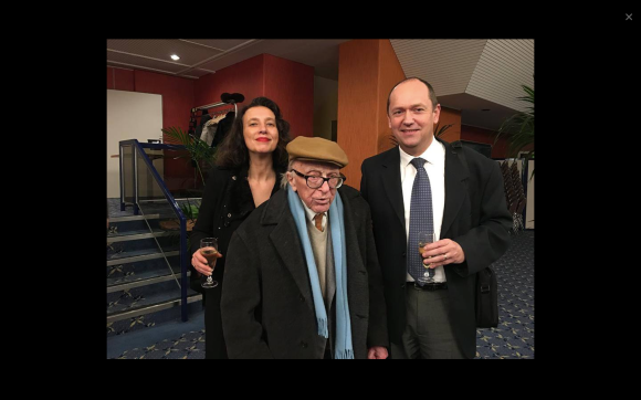 Après la projection du film "Boris pahor, portrait d'un homme libre" au Luxembourg le 24 février 2016 : Boris Pahor, Michel Hiebel le proviseur du lycée français Vauban et moi, Fabienne Issartel